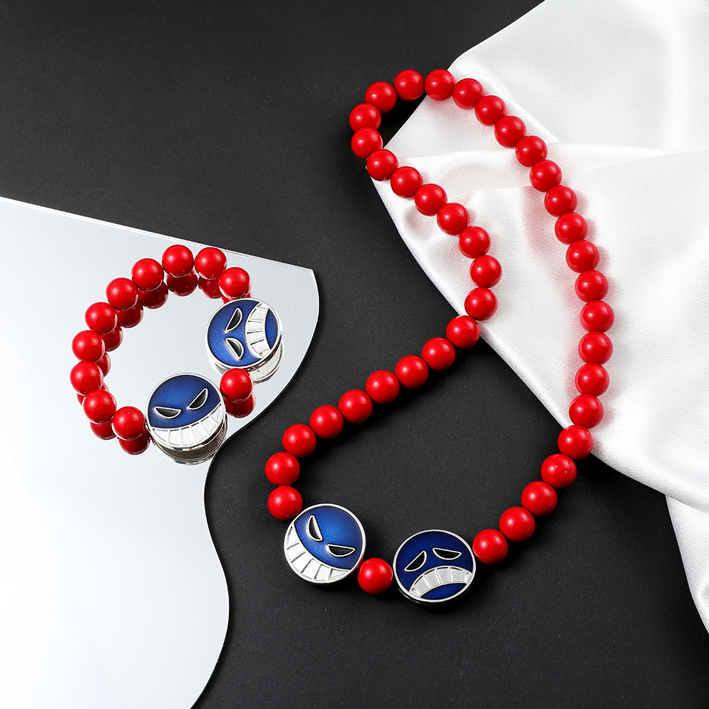 Embroidery Illustration - Anime Red Beads Face Bracelet Necklace,