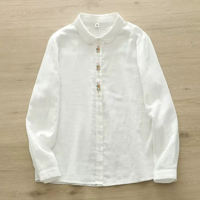 Embroidery Rabbit - Women's White Peter Pan Collar Shirt