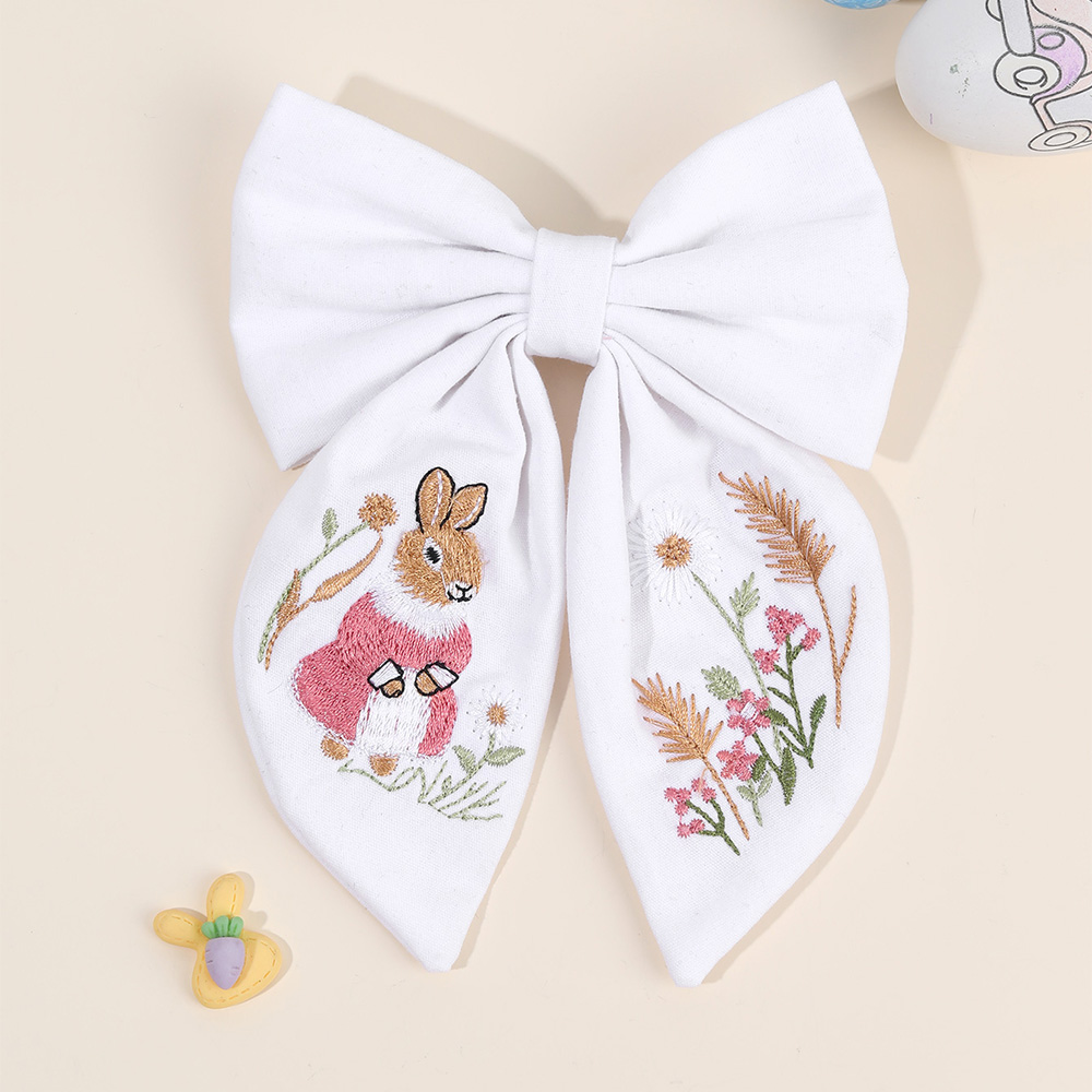 Embroidery Rabbit - Rabbit Embroidery Bow Hair Clip Sweet
