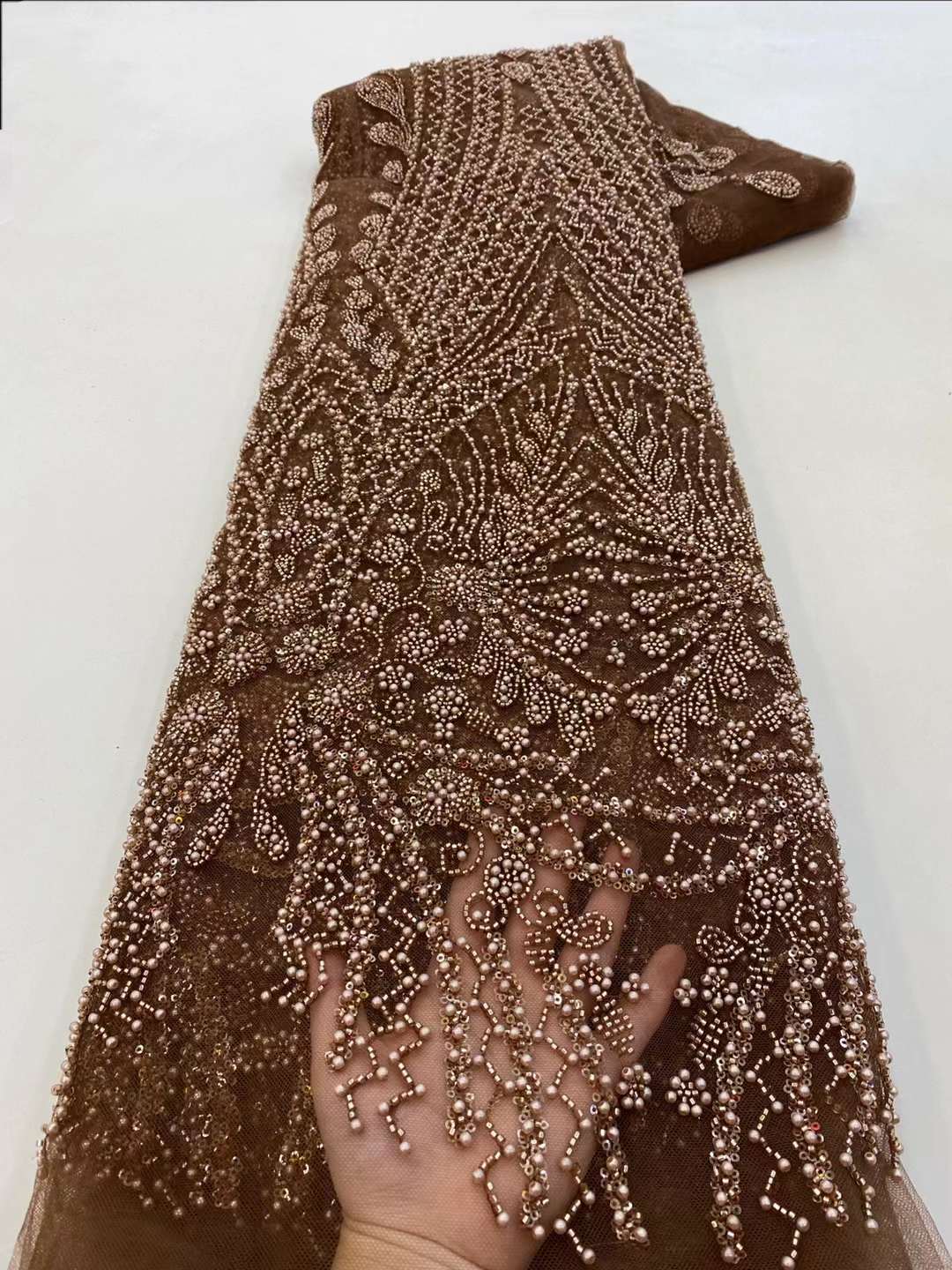Embroidery Net Dress - Brown Sequin Beaded Embroidery Lace Fabric