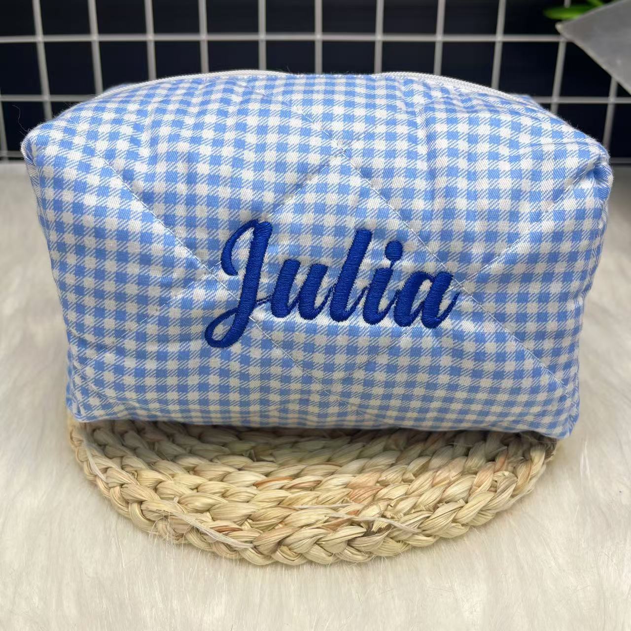 Embroidery Font - Large Capacity Striped Cosmetic Bag with